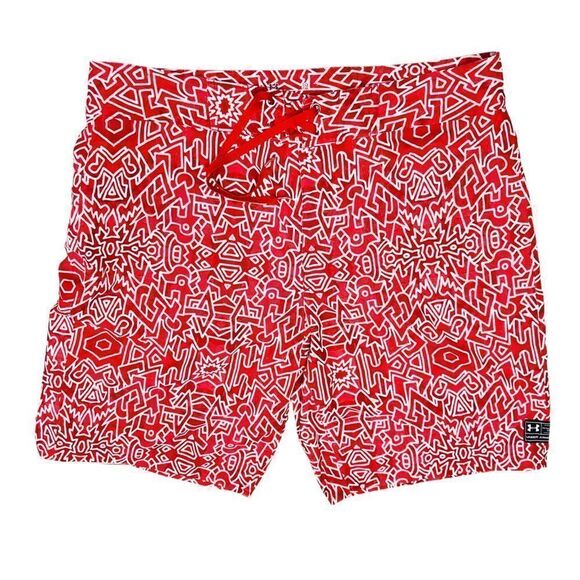 Under Armour  Heat Gear  White Red  Geometric Print Board Shorts Swim Sz 36 - Picture 1 of 11